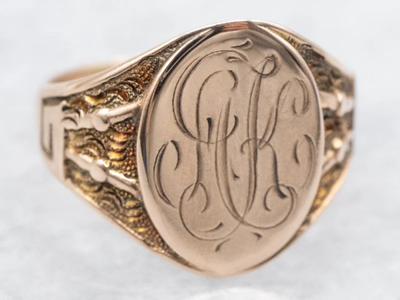 Ethereal rings for women -Victorian Rose Gold "AK" Engraved Signet Ring