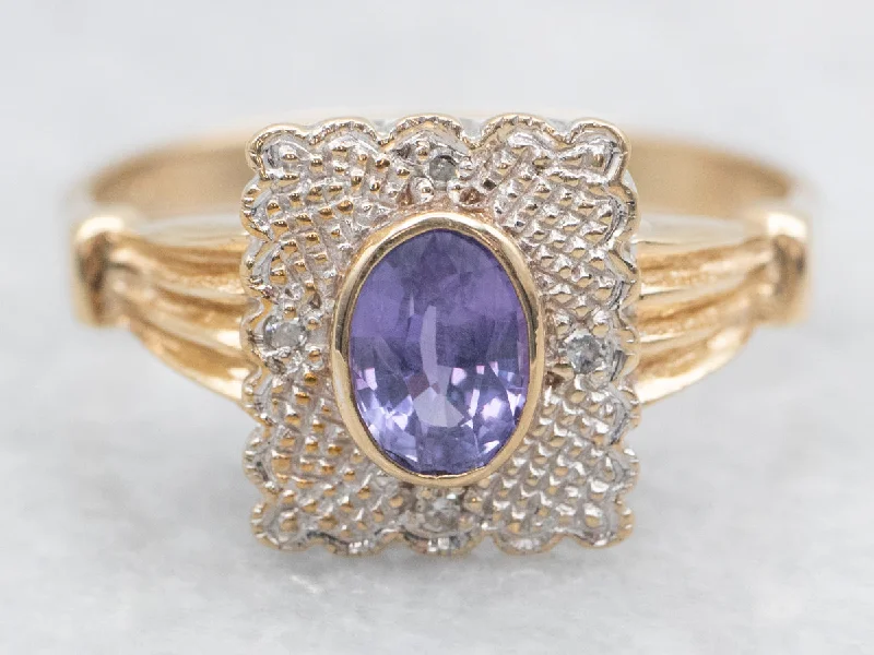 Unique gemstone rings for women -Two Tone Purple Sapphire and Diamond Square Head Ring