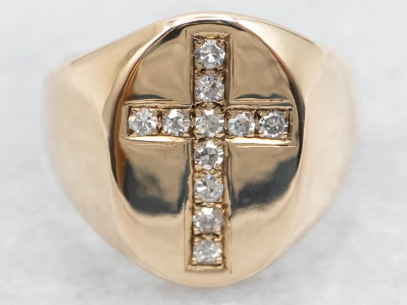 Unique rings for women -Yellow Gold Diamond Cross Statement Ring