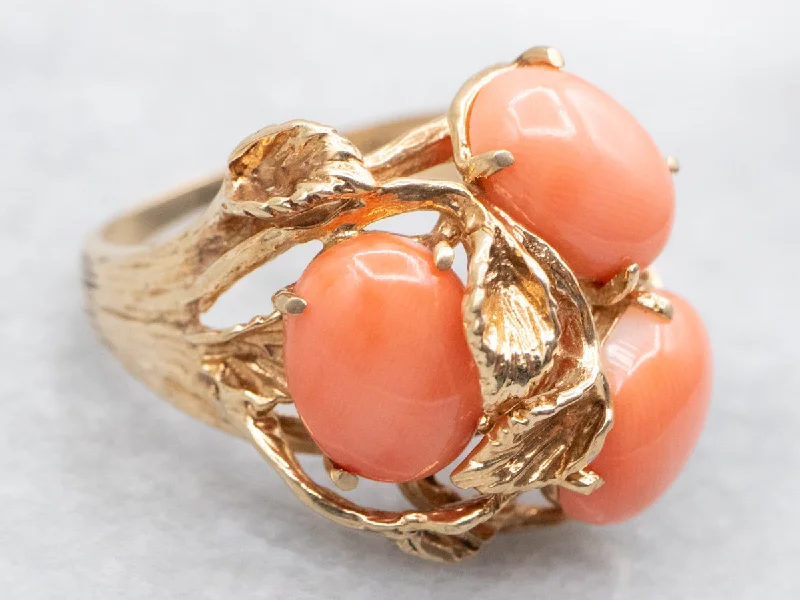 Statement rings for women -Vintage Botanical Gold Coral Cocktail Ring