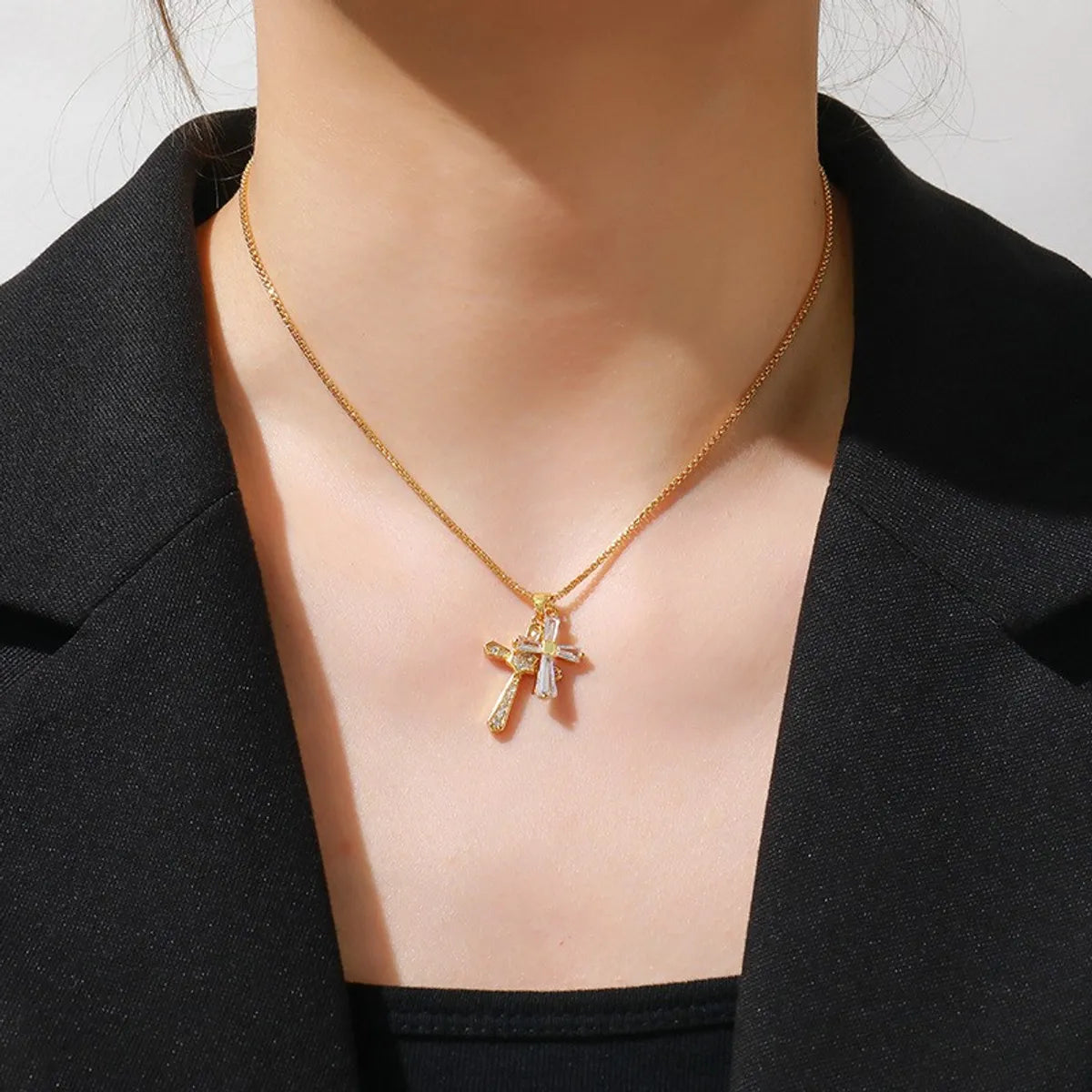 Pendant necklaces for women -Copper 18K Gold Plated Inlay Cross Zircon Pendant Necklace