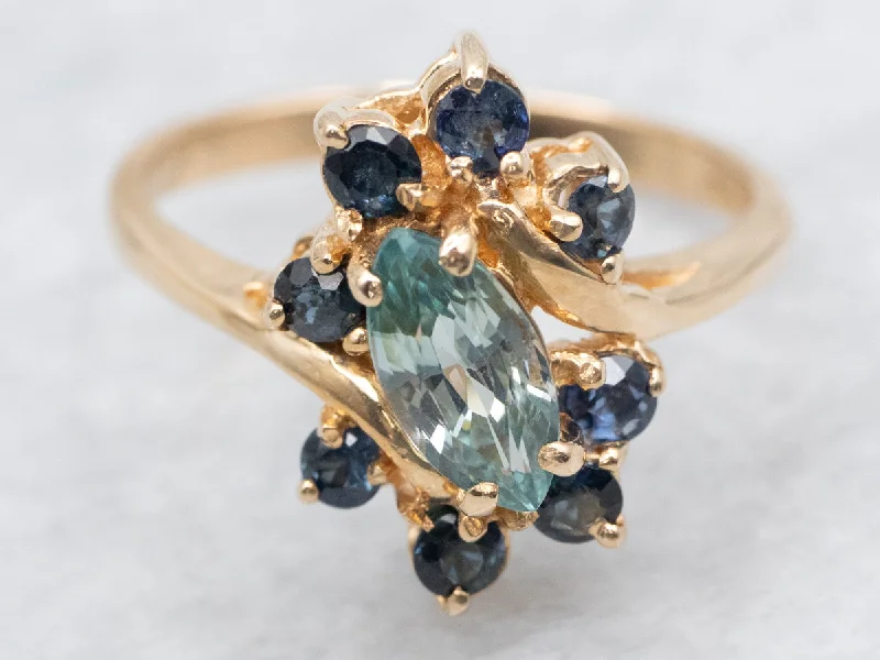 Ethereal rings for women -Marquise-Cut Blue Zircon and Sapphire Halo Bypass Ring