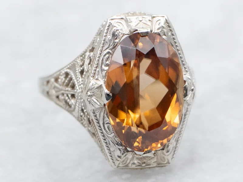 Silver band rings for women -Art Deco Golden Brown Zircon Solitaire Ring