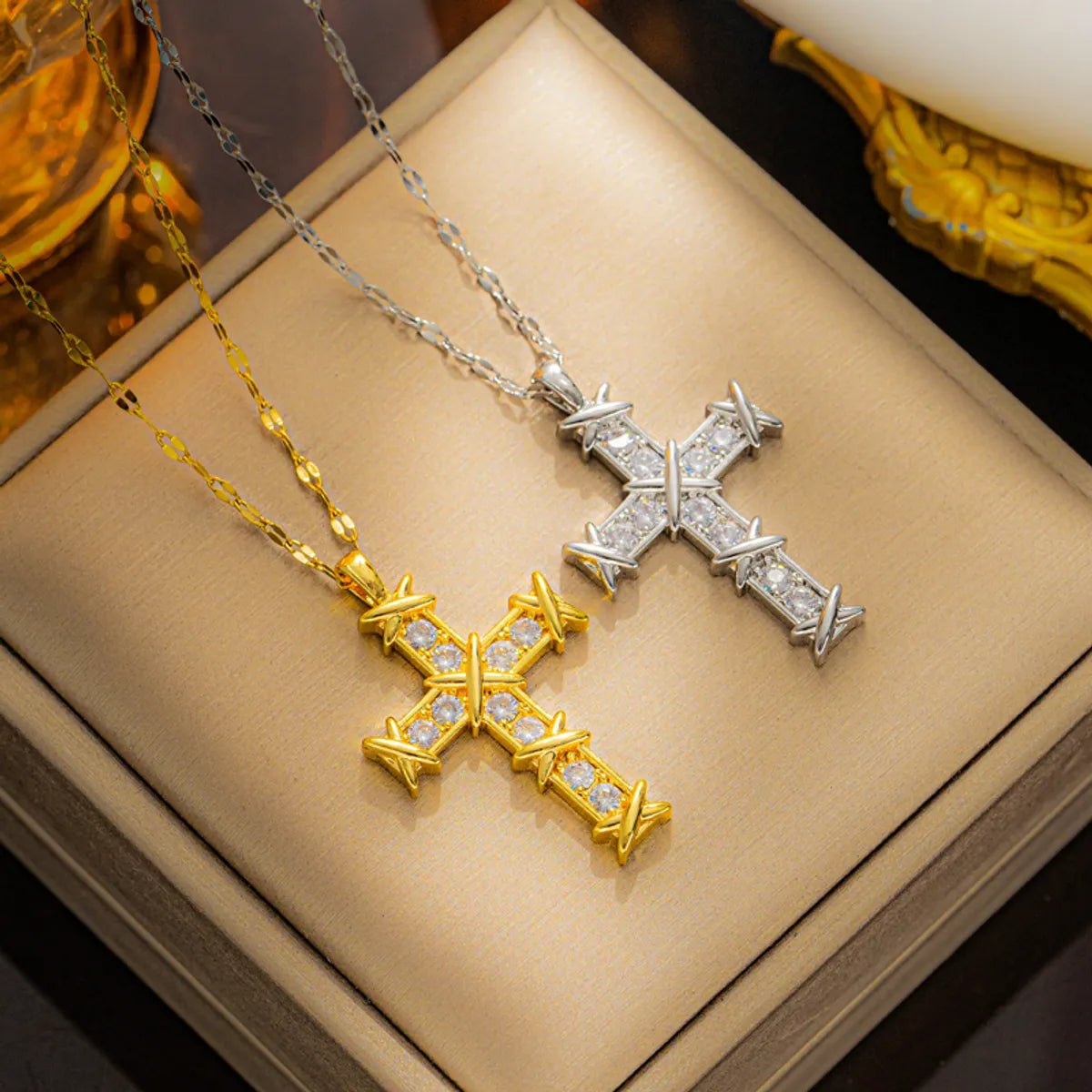 Ruby necklaces for women -Vintage Style Cross Stainless Steel Plating Inlay Zircon 18k Gold Plated Pendant Necklace