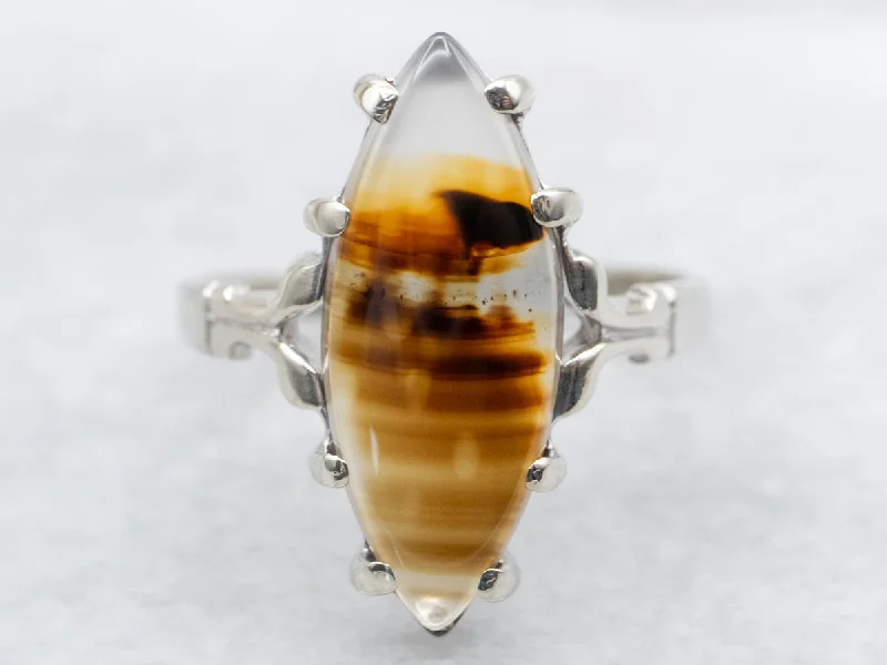 Unique rings for women -White Gold Banded Agate Cabochon Ring