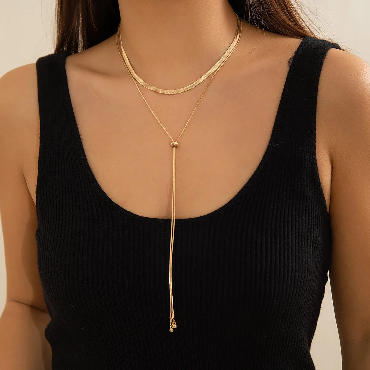 Chunky statement necklaces for women -Copper 18K Gold Plated Elegant Geometric Solid Color Layered Tassel Long Necklace