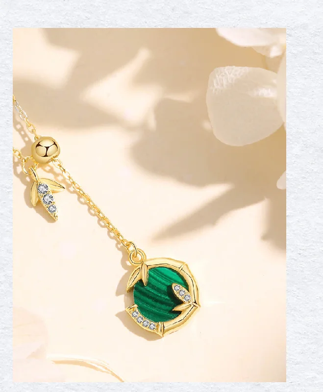 Friendship necklaces for women -Chinoiserie Vintage Style Geometric Bamboo Sterling Silver Plating Inlay Malachite Zircon Pendant Necklace