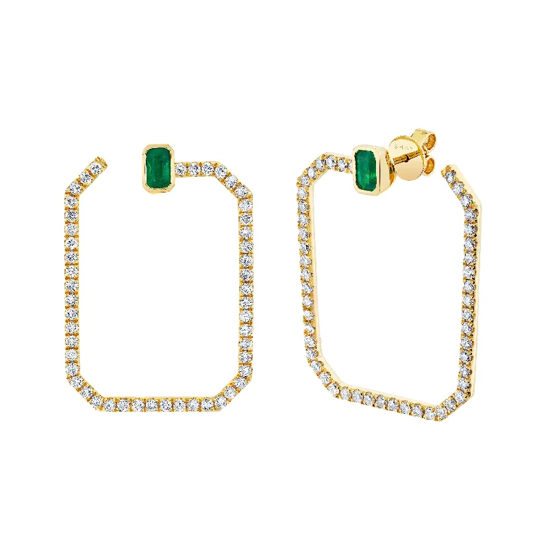 Stud earrings for women -READY TO SHIP DIAMOND & EMERALD OCTAGON HOOPS