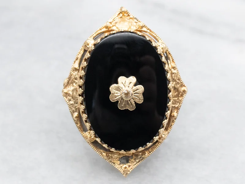 Fashion rings with gemstones for women -Ornate Gold Shamrock Diamond and Onyx Statement Ring