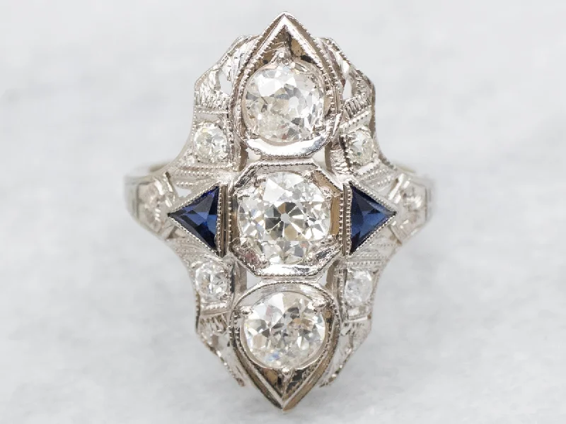 Diamond solitaire rings for women -Art Deco Inspired Old Mine Cut Diamond and Synthetic Sapphire Dinner Ring