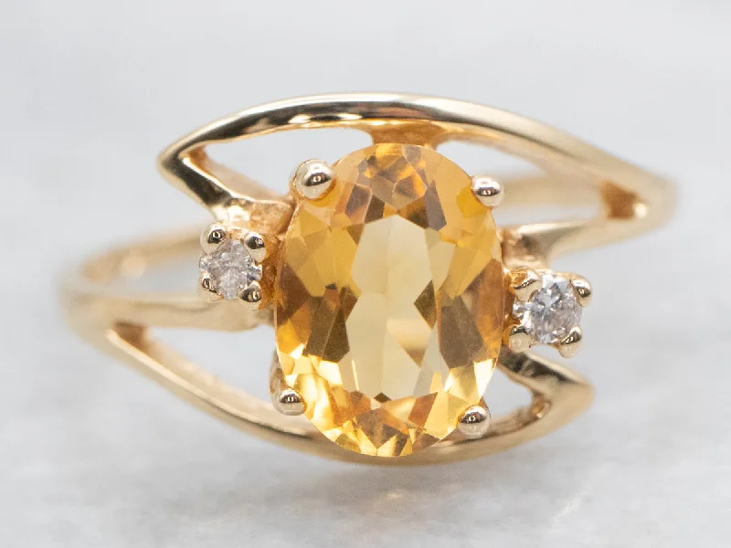 Elegant rings for women -Modernist Gold Citrine and Diamond Bypass Ring