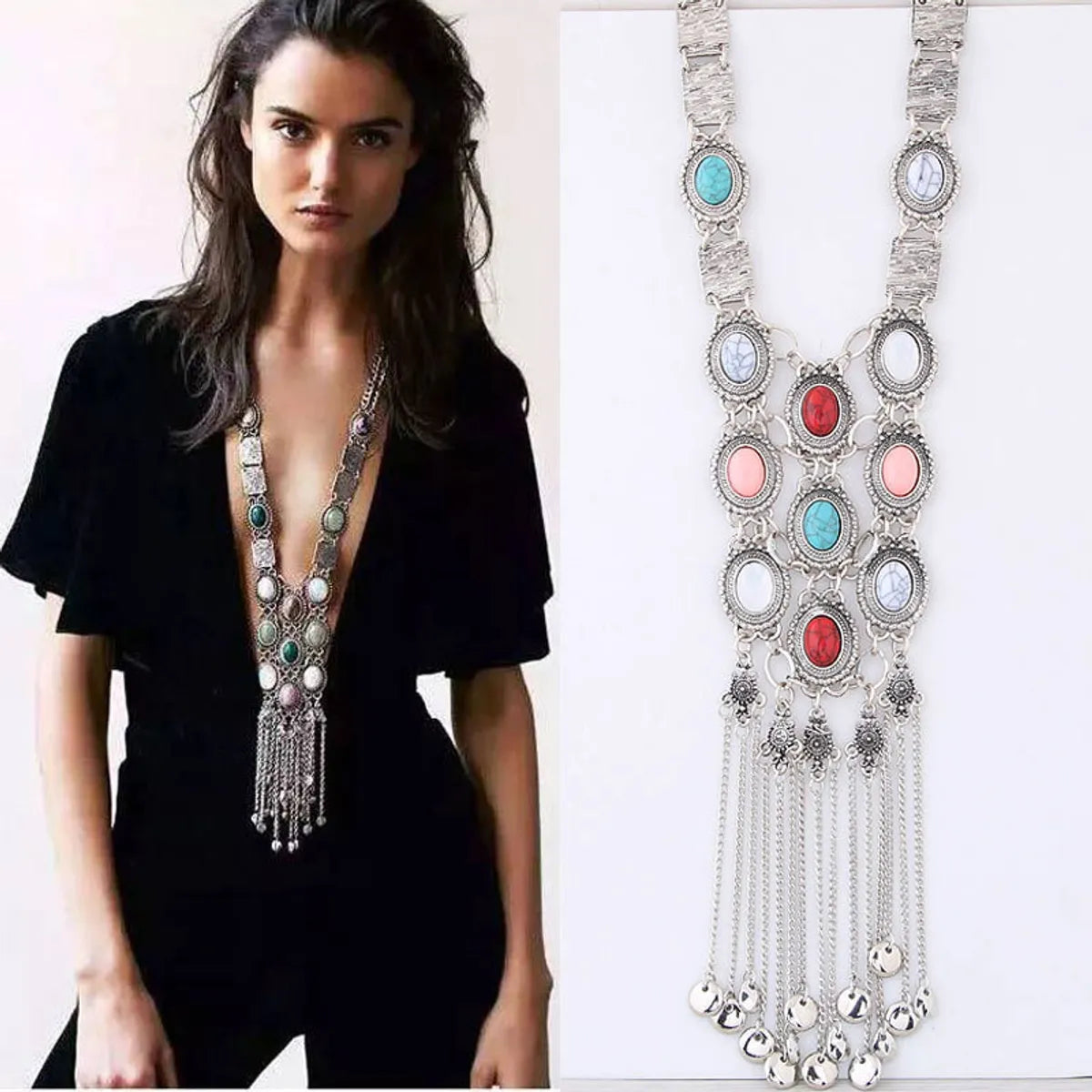 Adjustable silver necklaces for women -Retro Exaggerated Ethnic Style Oval Tassel Alloy Plating Inlay Turquoise Women's Long Necklace