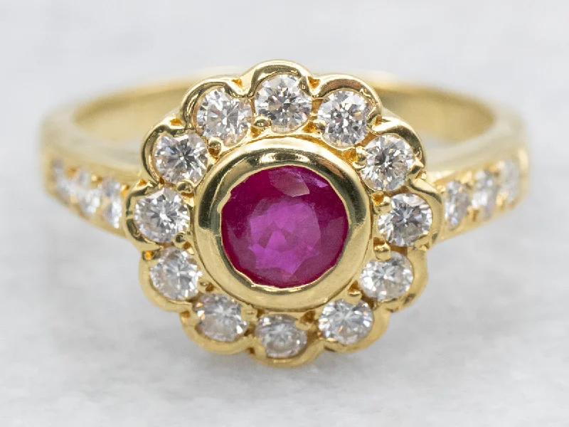 Rose gold rings for women -Modern Bezel Set Ruby and Diamond Halo Ring