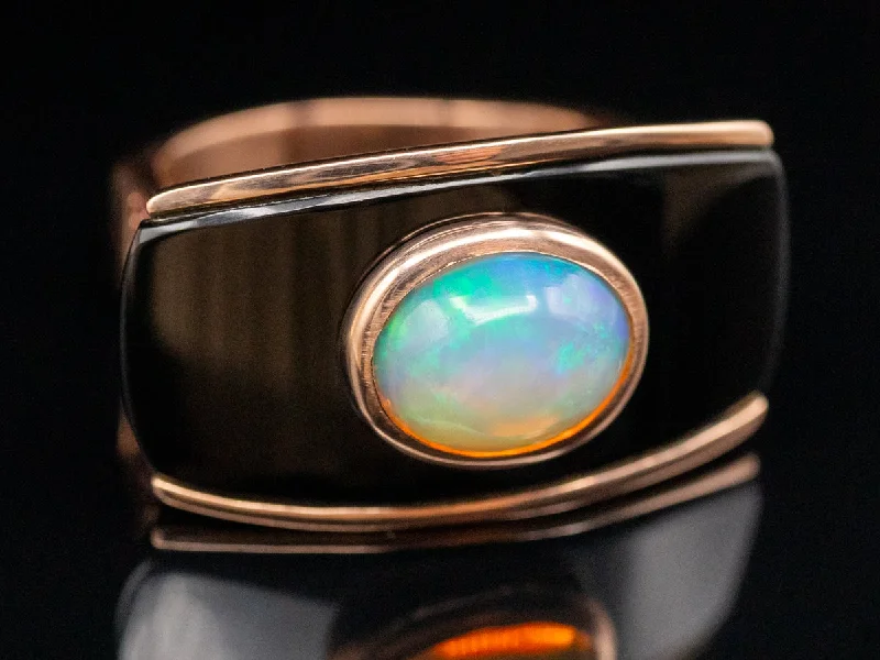 Halo engagement rings for women -Modernist Opal, Black Onyx, and Pink Tourmaline Ring