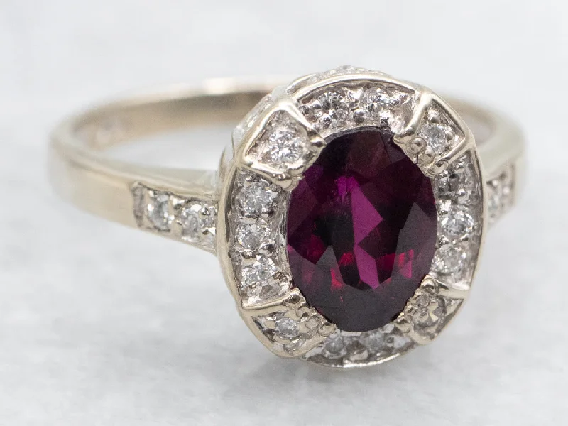 Personalized name rings for women -Modern Rhodolite Garnet and Diamond Halo Ring