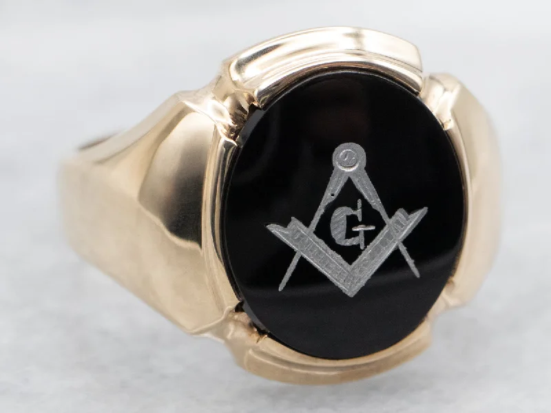 Contemporary rings for women -Mid Century Gold and Onyx Masonic Ring