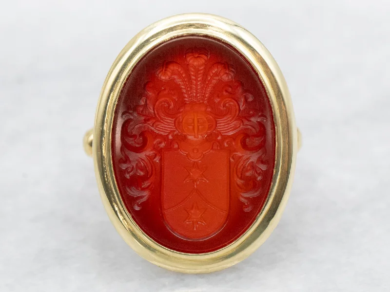 Unique rings for women -Vintage Green Gold Family Crest Carnelian Intaglio Ring