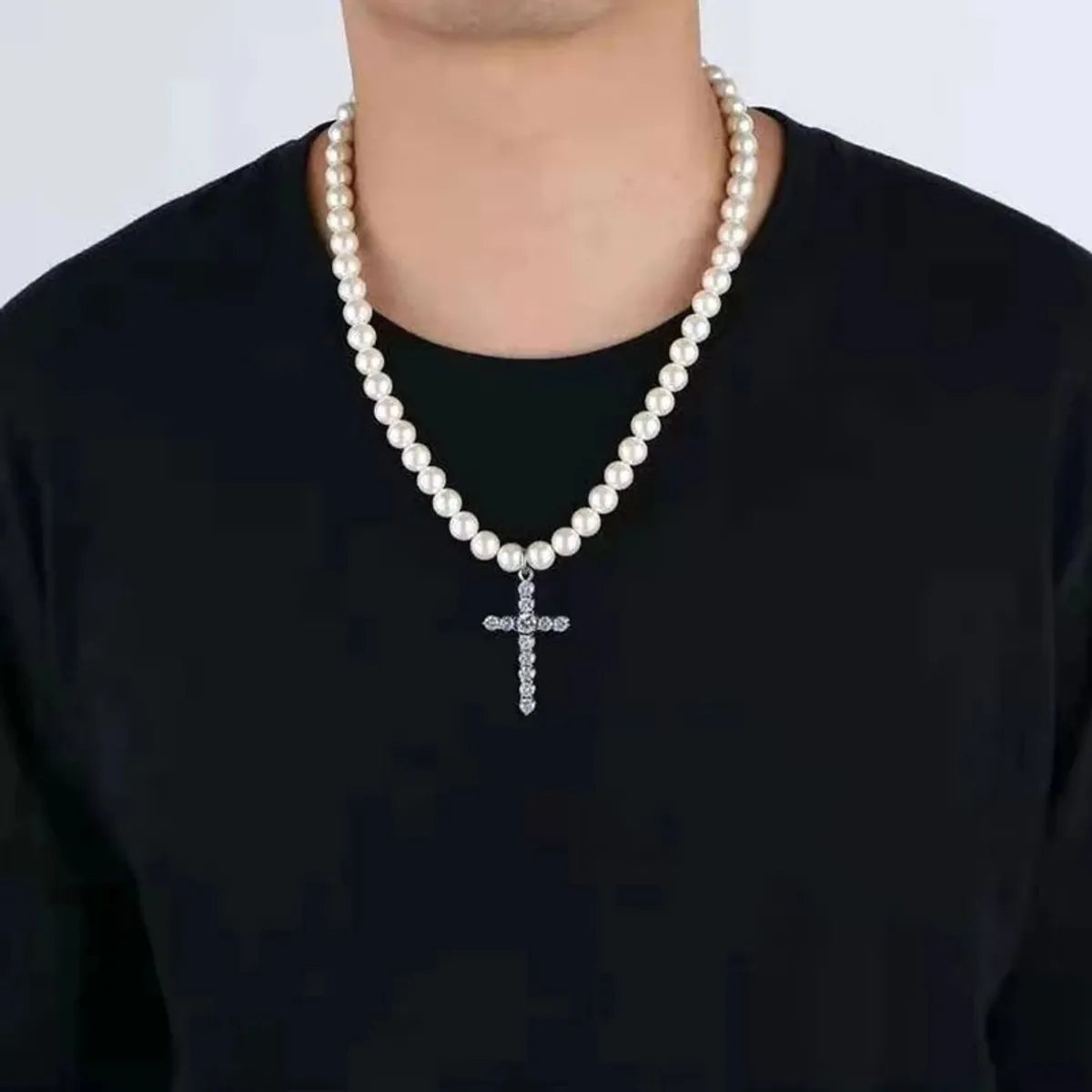 Layered necklaces for women -Casual Simple Style Cross Imitation Pearl Alloy Beaded Plating Inlay Rhinestones Men'S Pendant Necklace Long Necklace