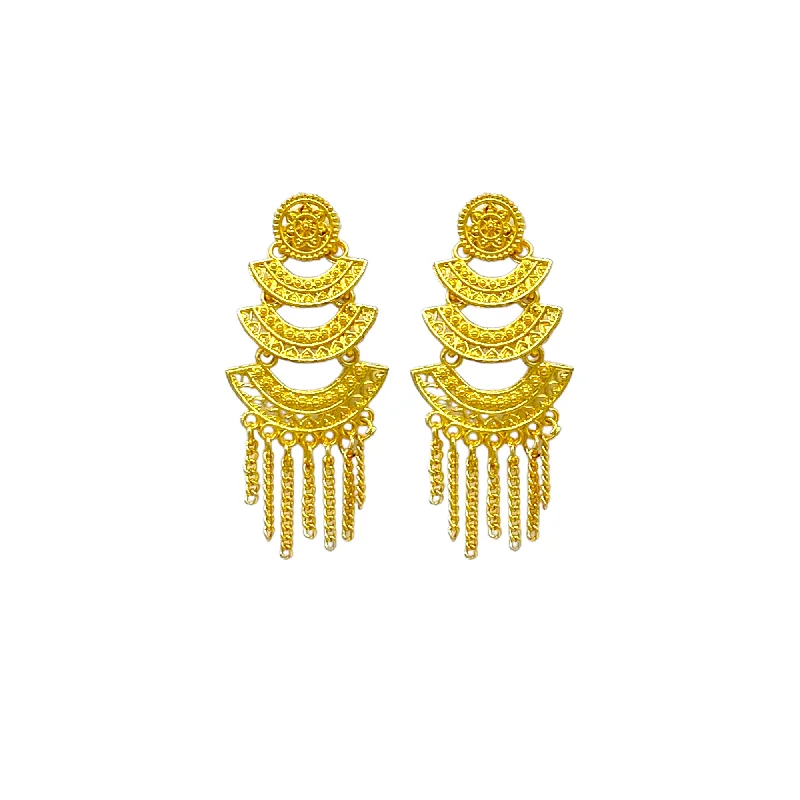 Silver stud earrings for women -Gold Earrings with small triple layered curved design and chain tassel