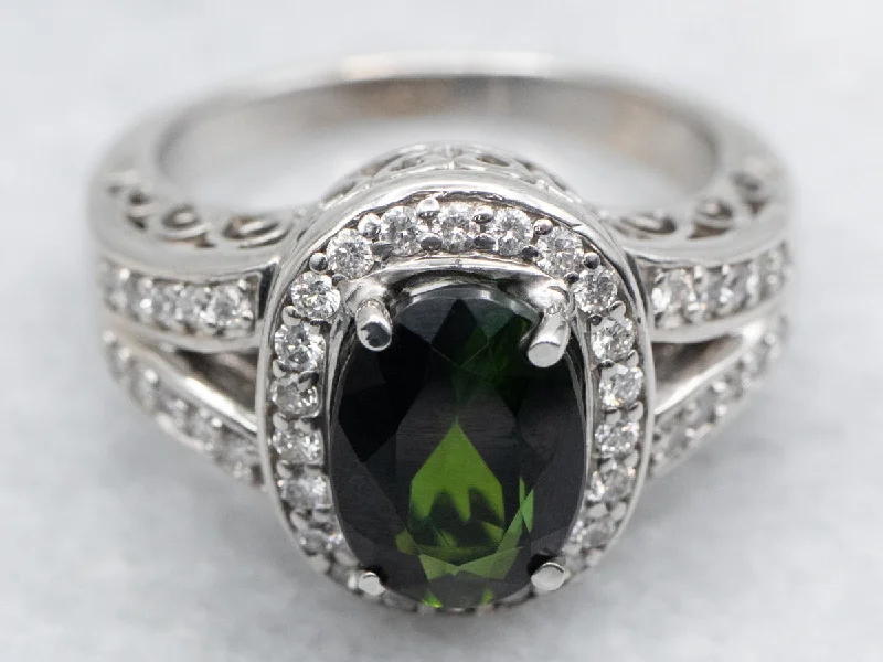 Engagement rings for women -Modern Green Tourmaline and Diamond Halo Split Shank Ring