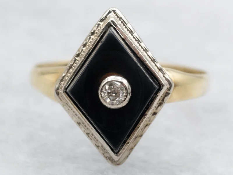 Handmade rings for women -Old Mine Cut Diamond and Kite Shaped Black Onyx Ring