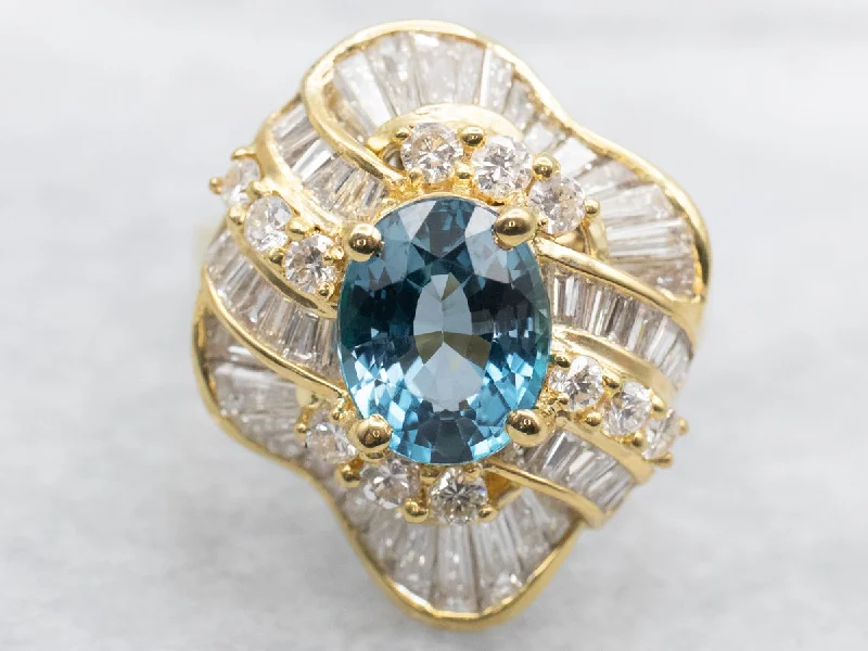 Wedding band rings for women -Contemporary Bright Blue Topaz Cocktail Ring in Polished Yellow Gold Setting