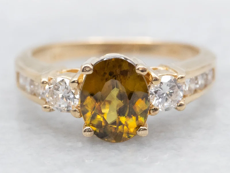 Two-tone rings for women -Sphene and Diamond Yellow Gold Ring