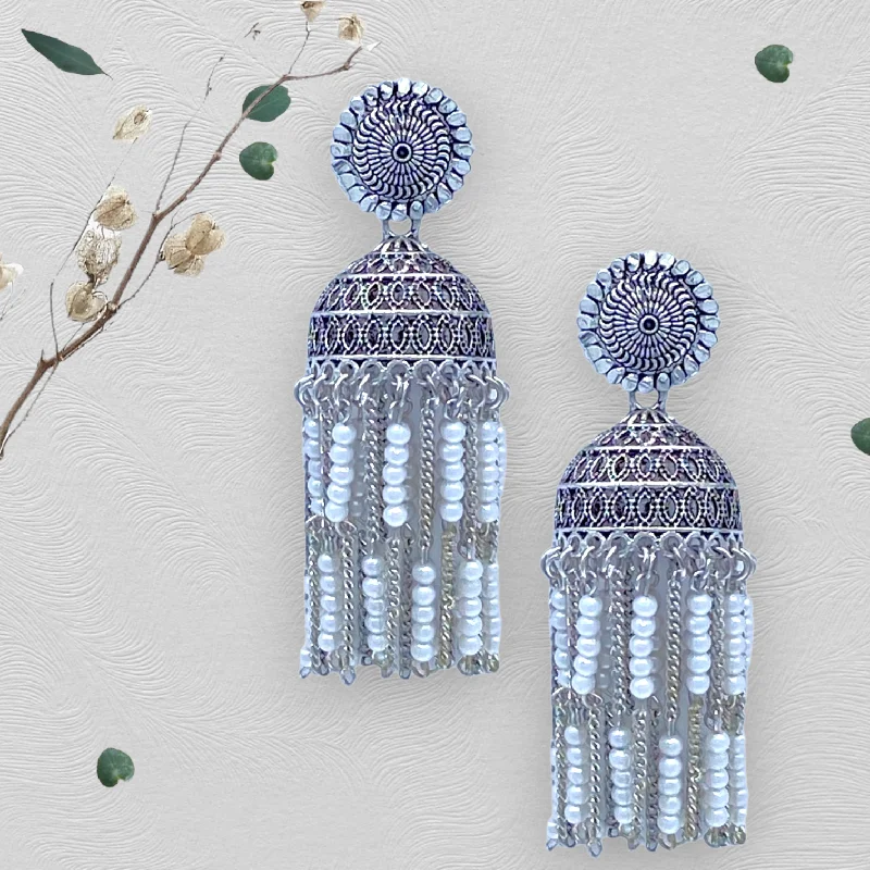 Multi-layer earrings for women -Pearl Tassel  Oxidised Zumkha Earrings