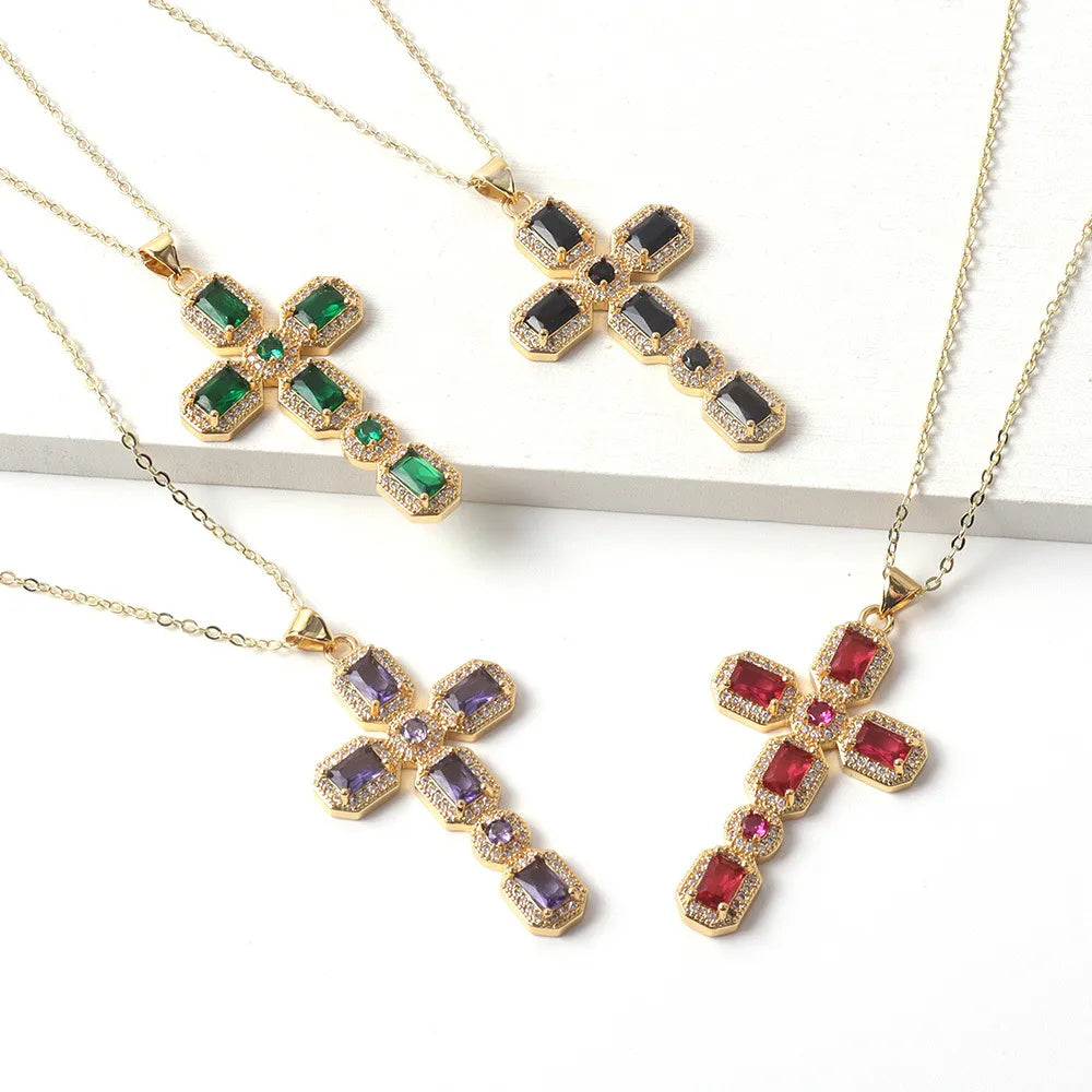 Silver pendant necklaces for women -Copper Simple Style Classic Style Inlay Cross Rhinestones Pendant Necklace