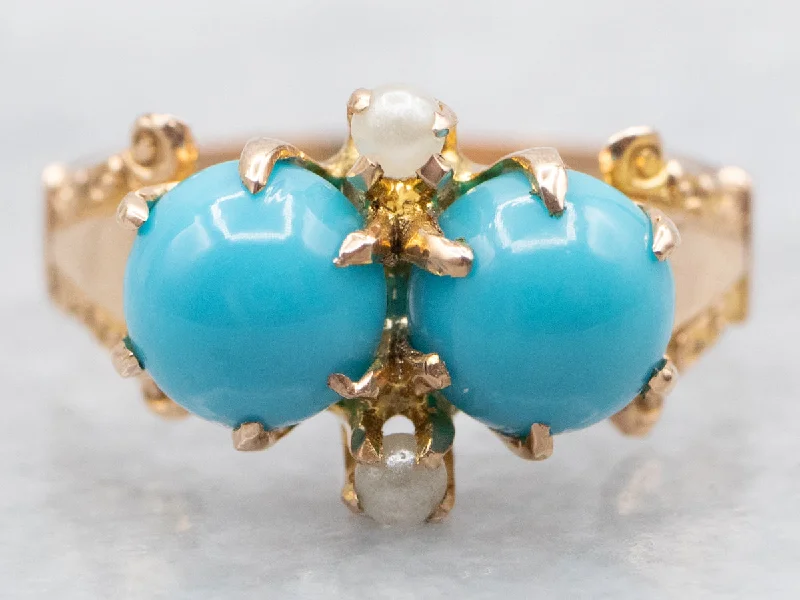 Colored gemstone rings for women -Victorian Turquoise and Seed Pearl Ring