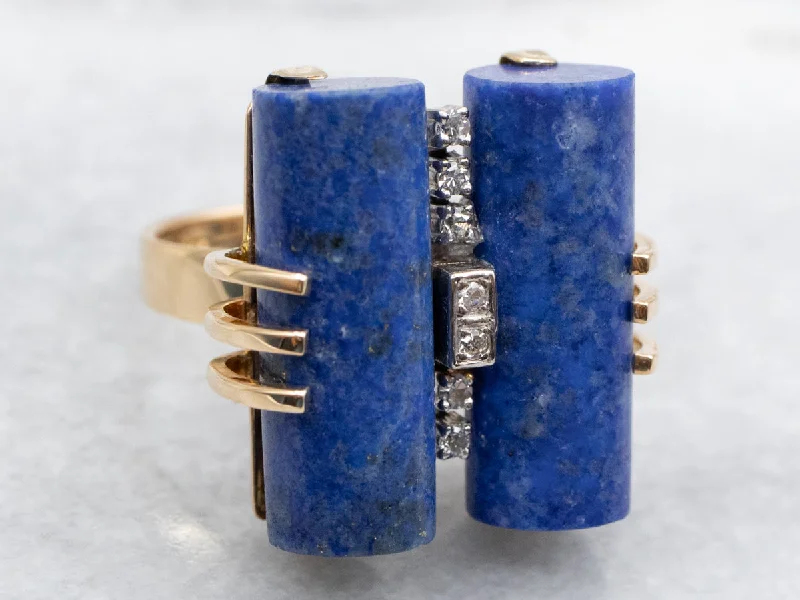 Heart-shaped rings for women -Mid-Century Cylindrical Lapis Ring with Diamond Accents