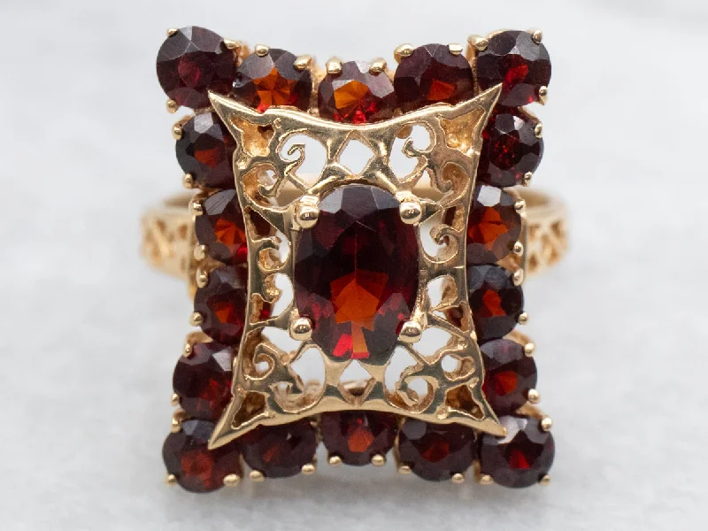 Modern engagement rings for women -Garnet and Gold Halo Filigree Ring