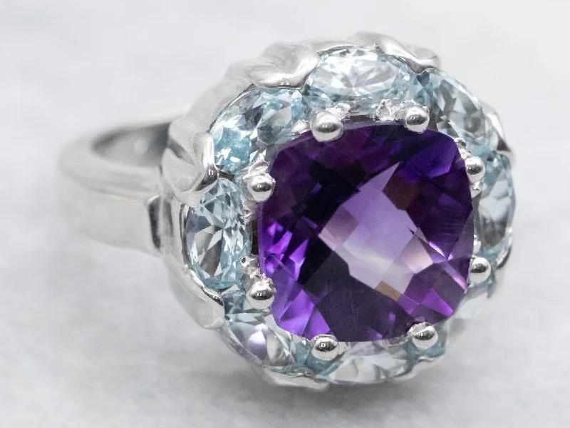 Women's rings online shop -White Gold Amethyst and Blue Topaz Halo Cocktail Ring