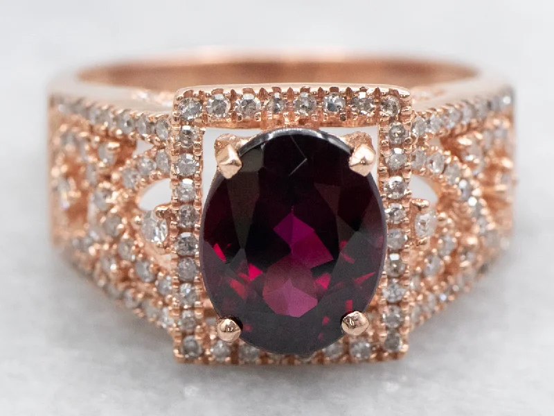 Wedding engagement rings for women -Modern Rhodolite Garnet and Diamond Rose Gold Filigree Ring