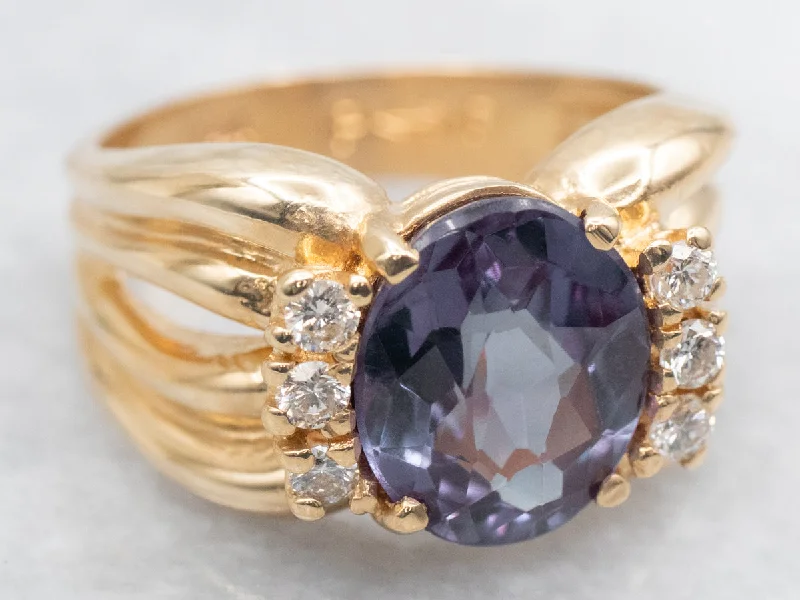 Simple diamond rings for women -Ribbed Gold Synthetic Alexandrite and Diamond Cocktail Ring