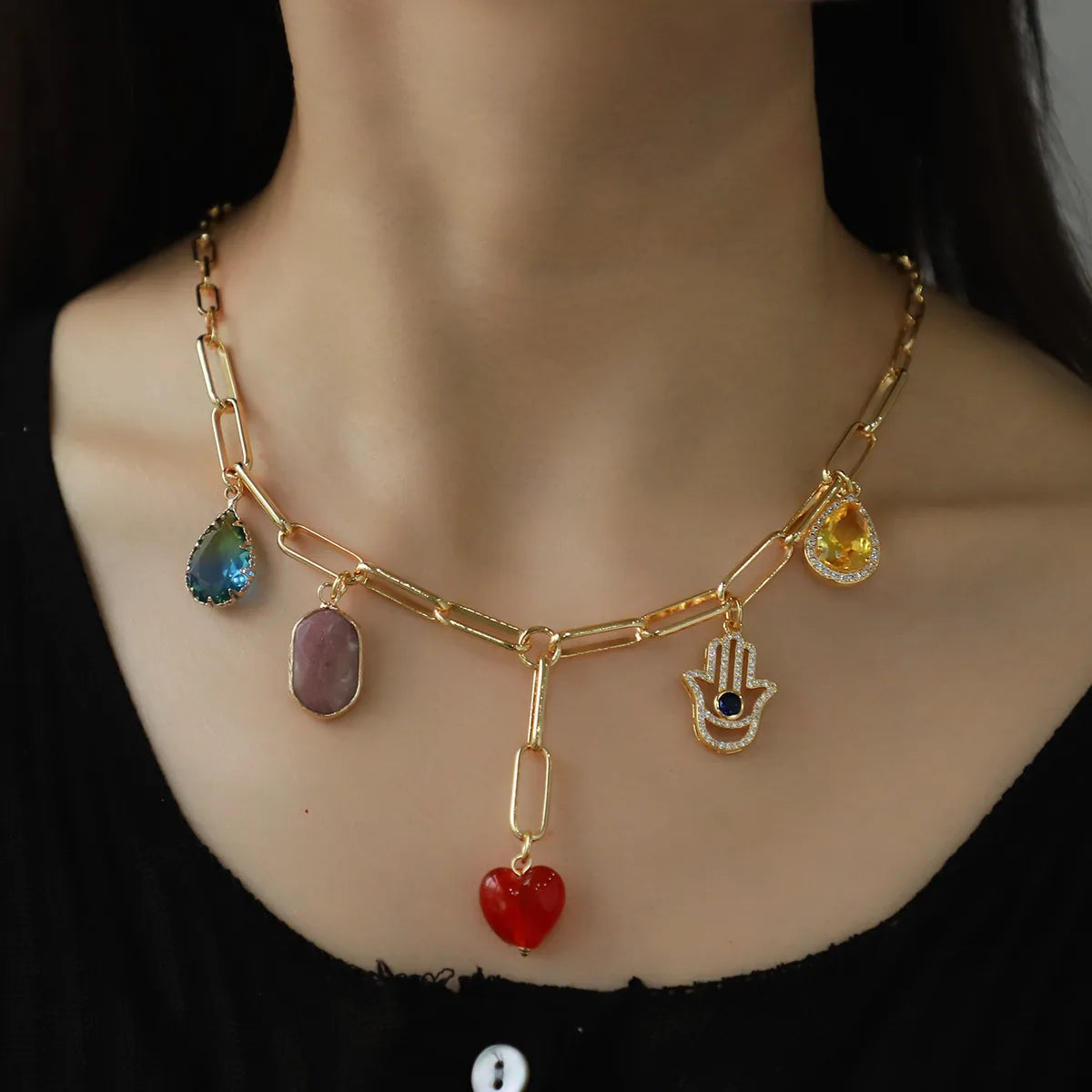 High-end necklaces for women -Copper Lady Modern Style Classic Style Plating Inlay Geometric Water Droplets Heart Shape Zircon Pendant Necklace