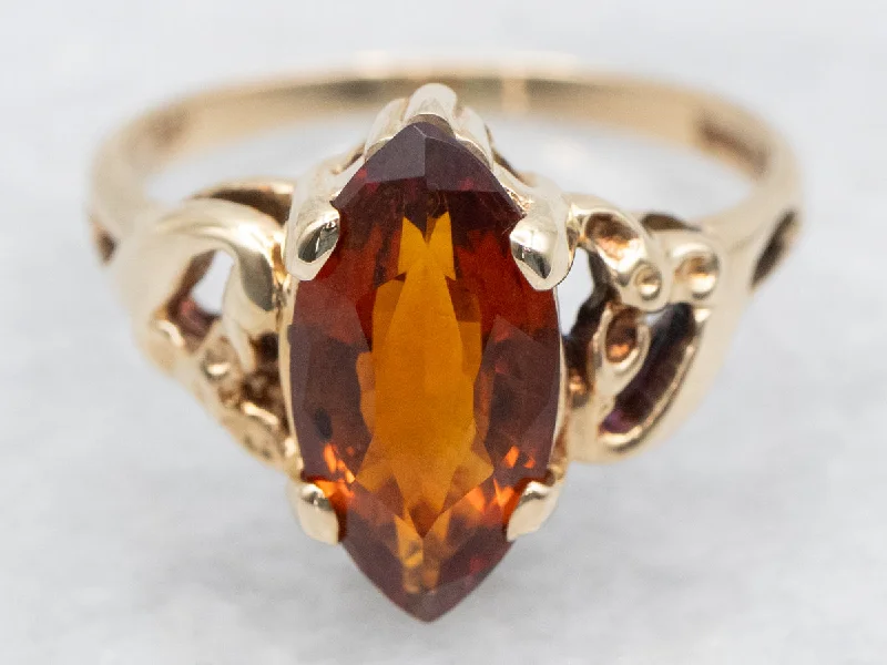 Elegant wedding rings for women -Marquise Cut Citrine Solitaire Ring with Openwork Shoulders