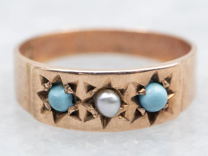 Boho rings for women -Rose Gold Seed Pearl and Turquoise Baby Ring