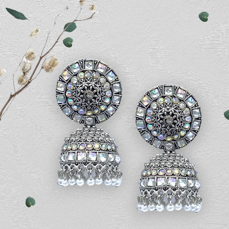 Luxury diamond earrings for women -Square Stone Studded Oxidised Zumkha Earrings