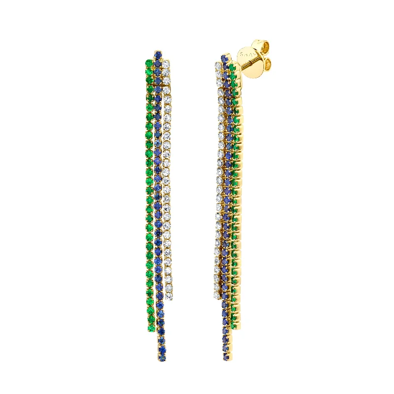 Custom earrings for women -READY TO SHIP GREEN GARNET & BLUE SAPPHIRE TRIPLE THREAD DROP EARRINGS