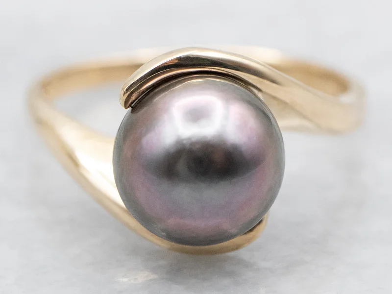 Adjustable gemstone rings for women -Back Pearl and Gold Bypass Ring