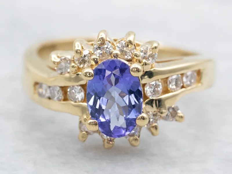 Pearl rings for women -Modern Tanzanite and Diamond Halo Ring