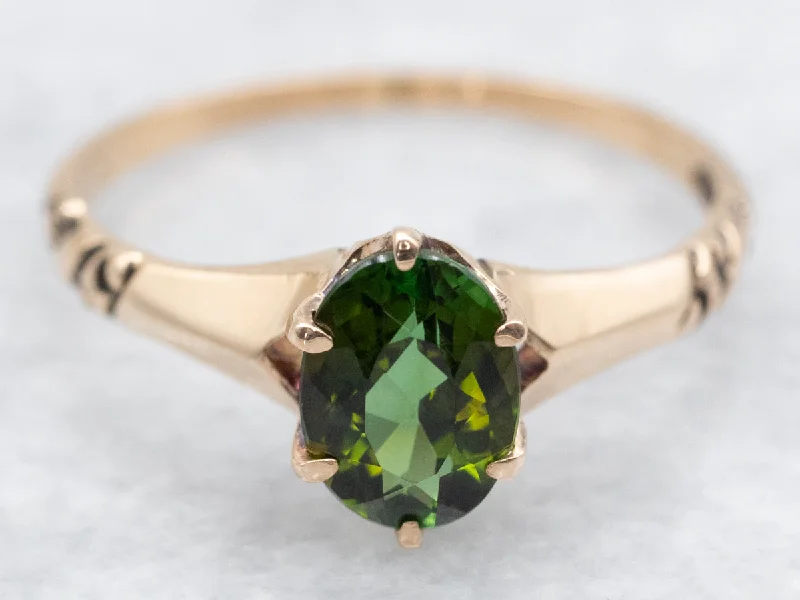 Bold gemstone rings for women -Antique Gold Green Tourmaline Solitaire Ring