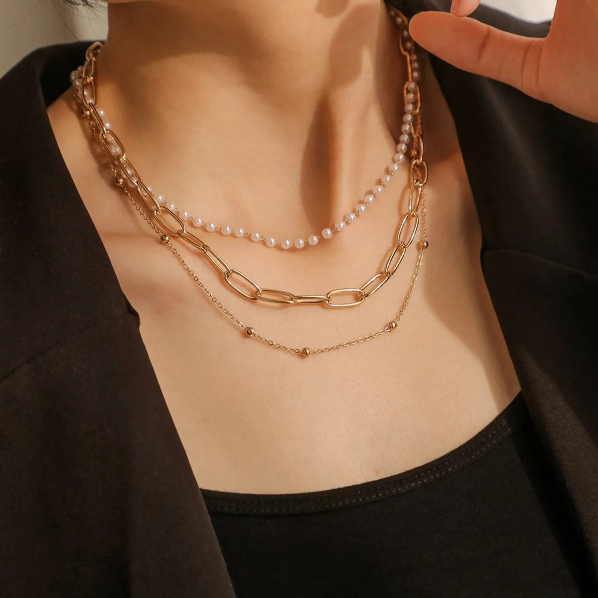 Bold necklaces for women -Simple Style Classic Style Geometric Iron Beaded 18K Gold Plated Women's Three Layer Necklace