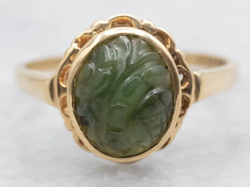 Designer rings for women -Vintage Carved Nephrite Jade Solitaire Ring