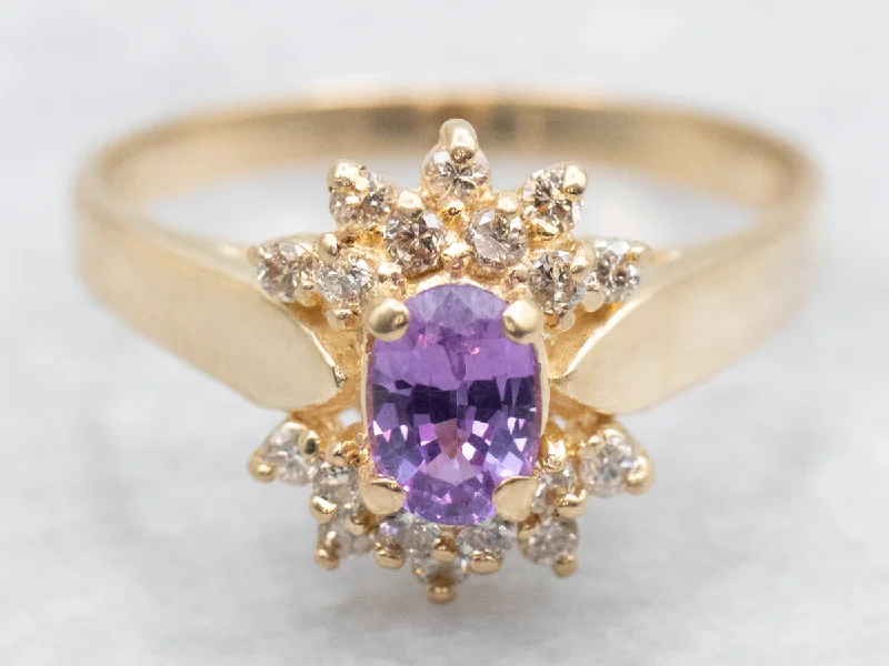 Fashionable rings for women -Pink Sapphire Ring with Diamond Halo