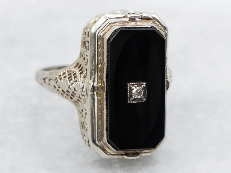 Emerald cut rings for women -Two Tone Black Onyx and Diamond Flip Ring