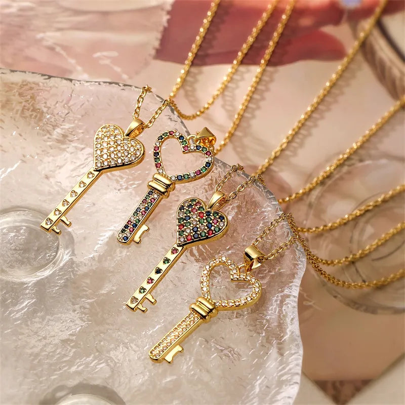 Birthstone necklaces for women -Ig Style Simple Style Heart Shape Key Copper Plating Inlay Zircon Gold Plated Pendant Necklace