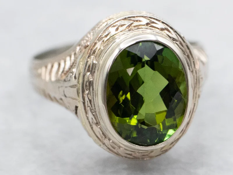 Statement gemstone rings for women -Art Deco Bezel Set Green Tourmaline Solitaire Ring