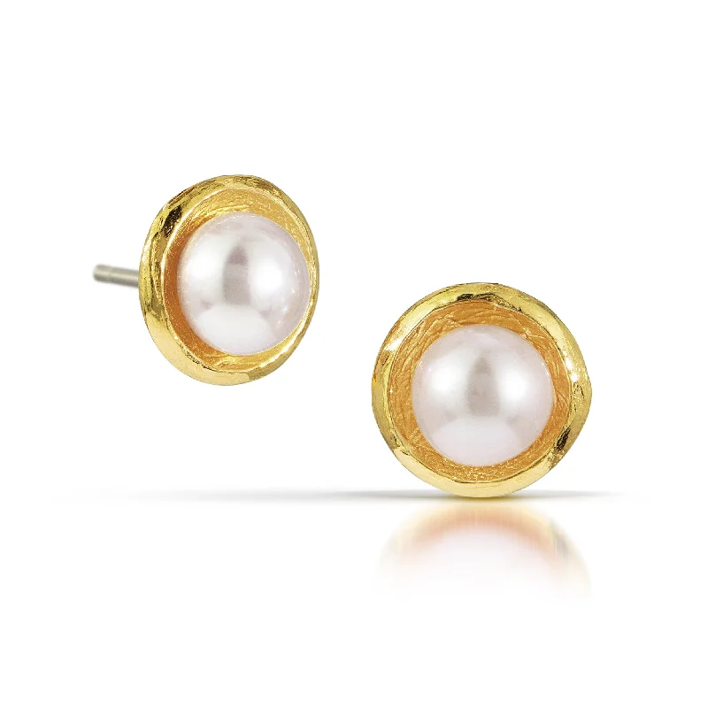 Luxury gold earrings for women -Carved Cup with Pearl Earrings